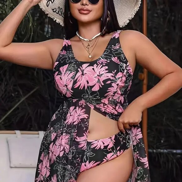 Women Plus Size Tropical Print 2 Piece Swimsuit Bathing Suit Tankini Set 14W 16W - Picture 3 of 12
